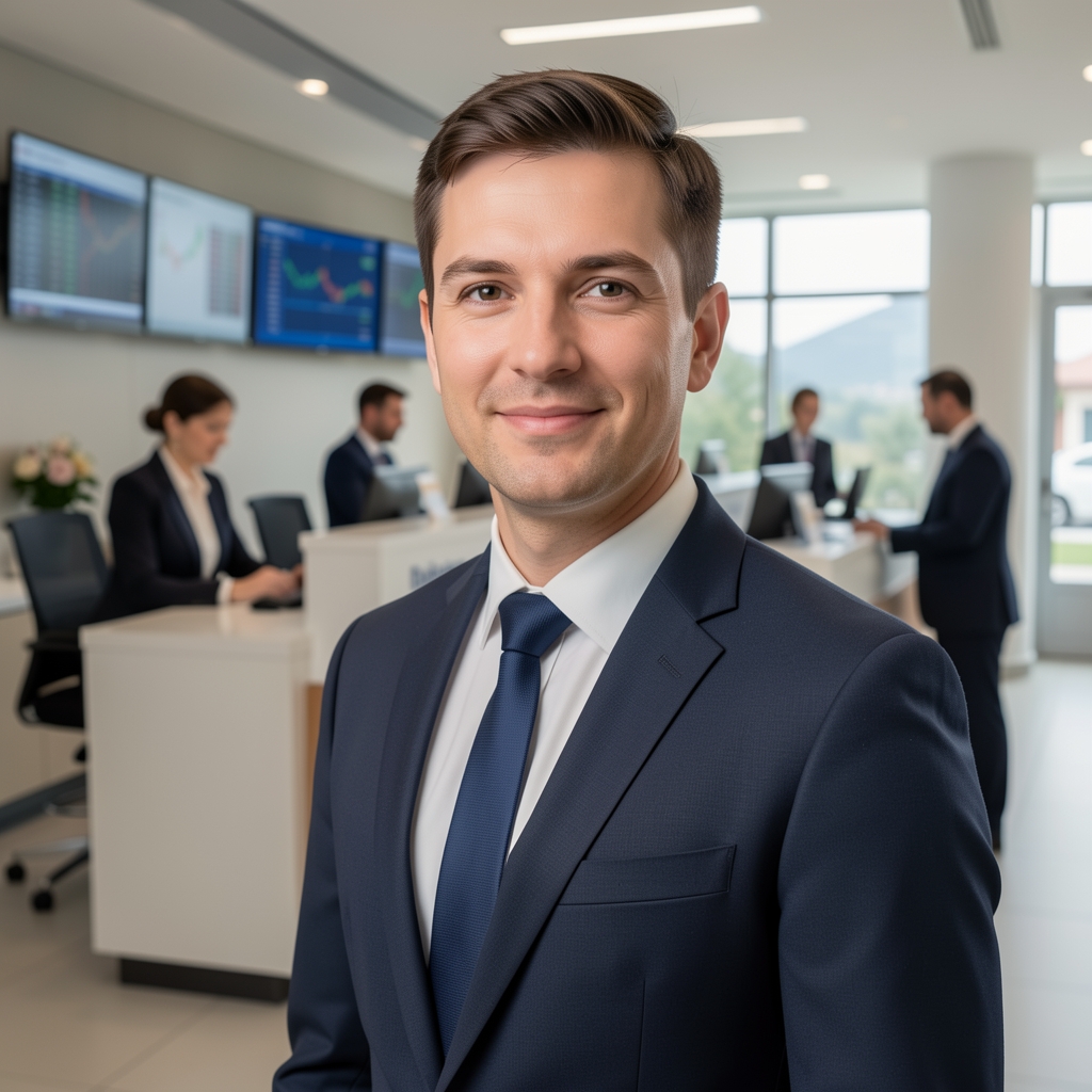 Modern bank interior with professional banking staff at counters, digital displays showing financial data in a contemporary bank branch in Montenegro