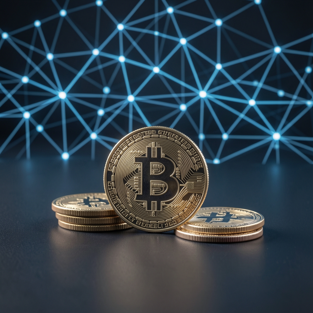 Digital cryptocurrency concept with Bitcoin and Ethereum coins on dark surface with glowing blockchain network visualization in the background