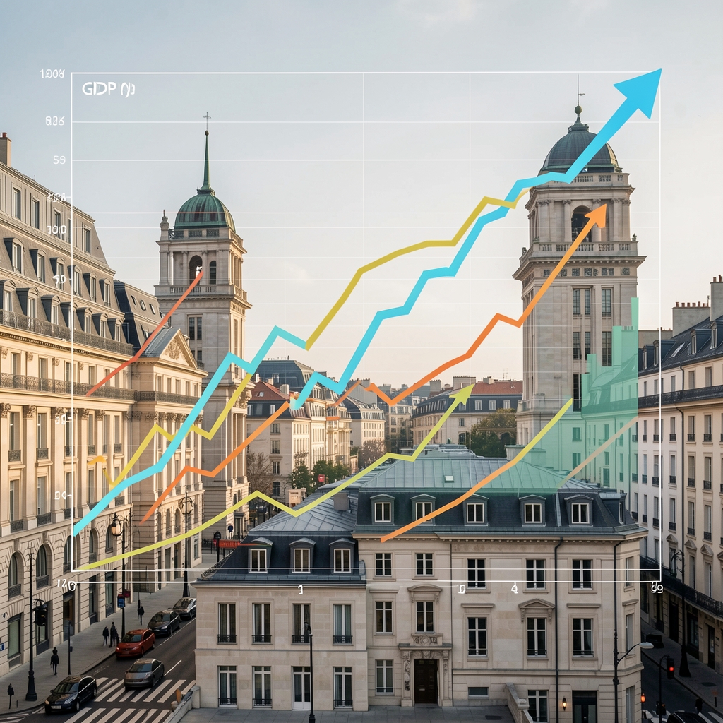 Abstract representation of macroeconomic data with GDP growth charts, inflation graphs and central bank buildings in European city