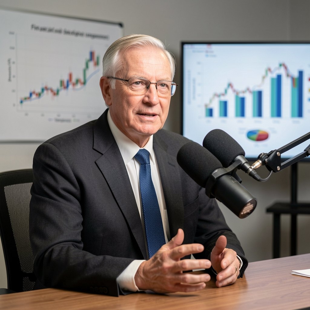 Senior financial economist being interviewed in a professional studio setting with microphone and financial charts visible in background