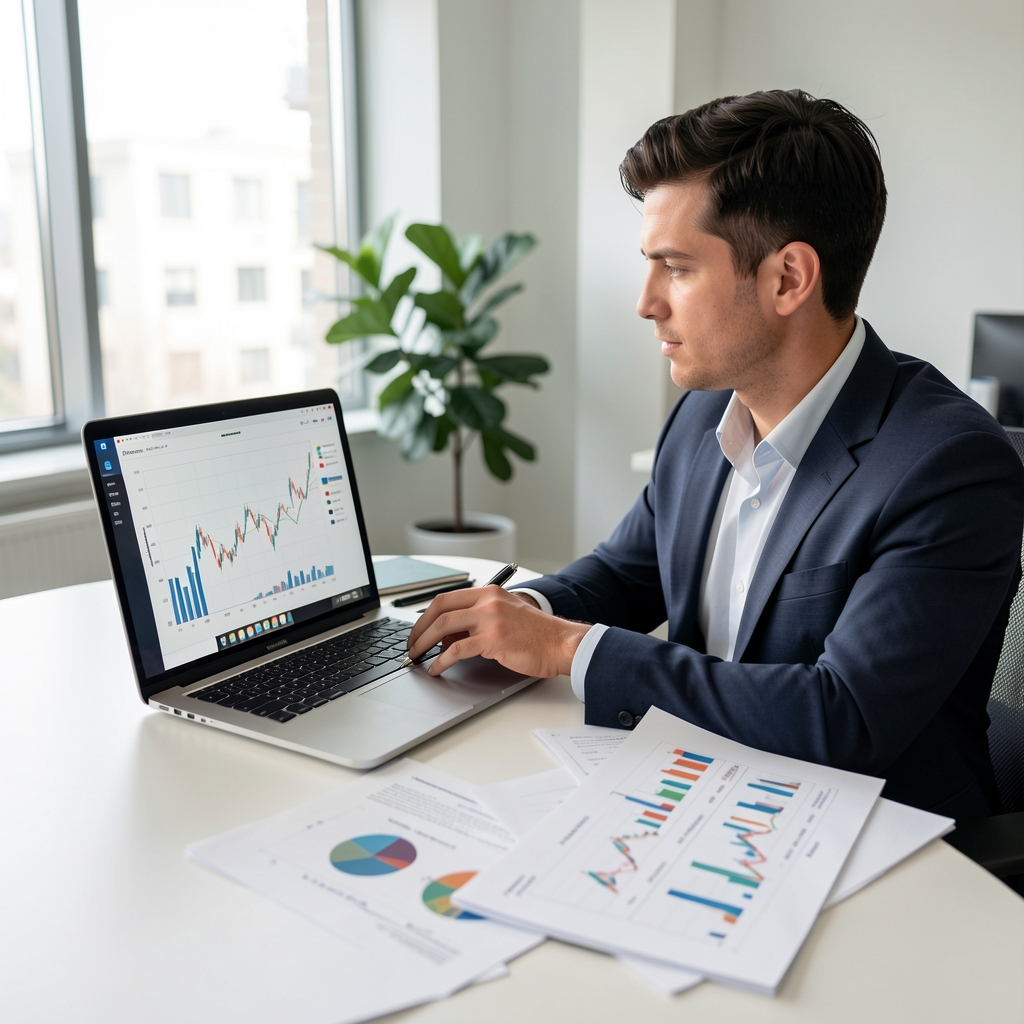 Professional investor analyzing investment portfolio charts and financial graphs with laptop and printed reports on a clean office desk
