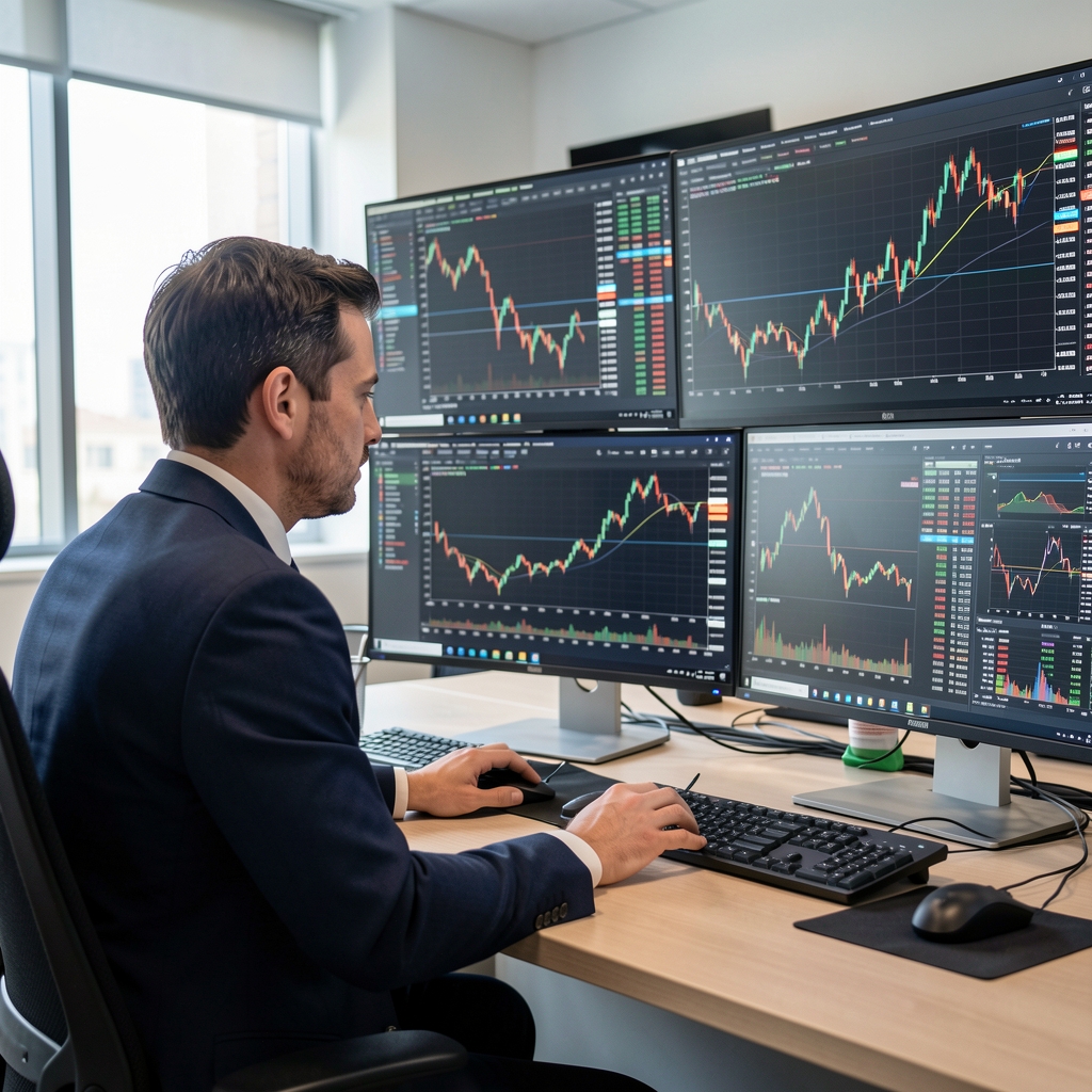 Financial analyst reviewing stock market charts and trading data on multiple screens in a professional trading room