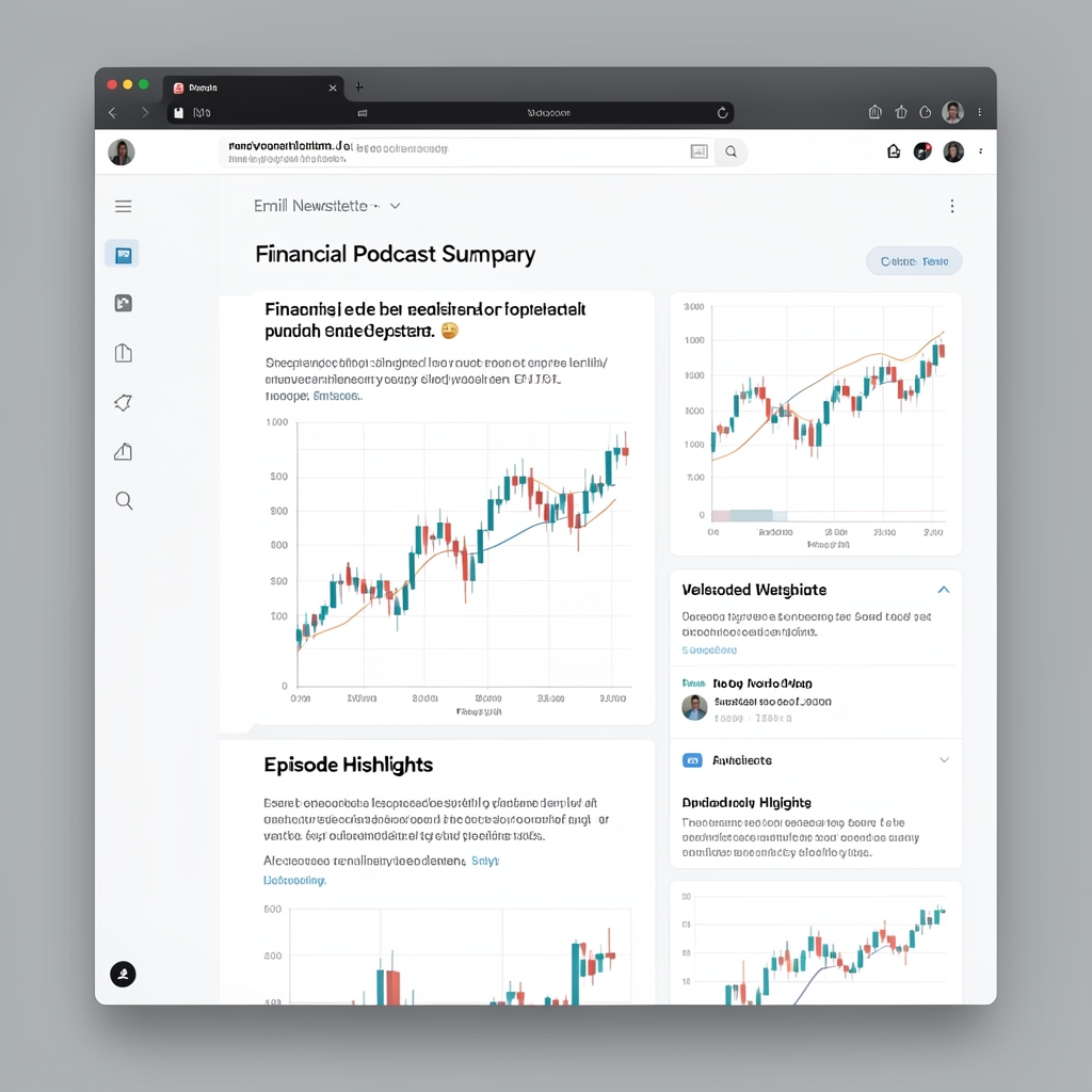 Email newsletter interface showing financial podcast summary with market data charts and episode highlights in a clean digital format